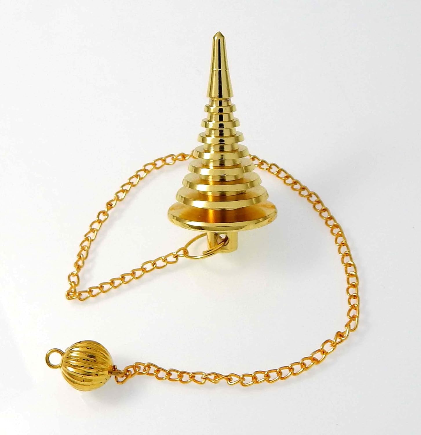 Brass Metal Spiral Pendulum with 9 Ring Coil - Designer Cone Shape for Divination and Healing Dowsing