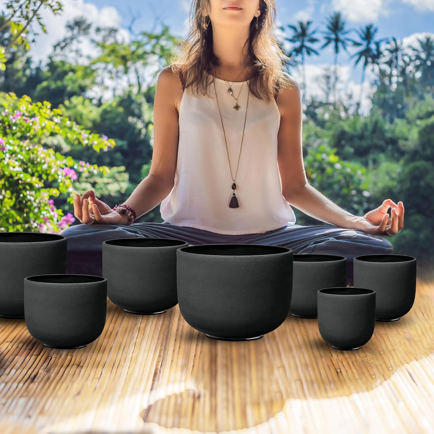 Ryan Dvan 7-12 Inch Frosted Quartz Crystal Singing Bowl Set for Sound Therapy with Mallets, Cases, and O-Ring for Yoga, Meditation, Energy Balancing, and Reiki Healing