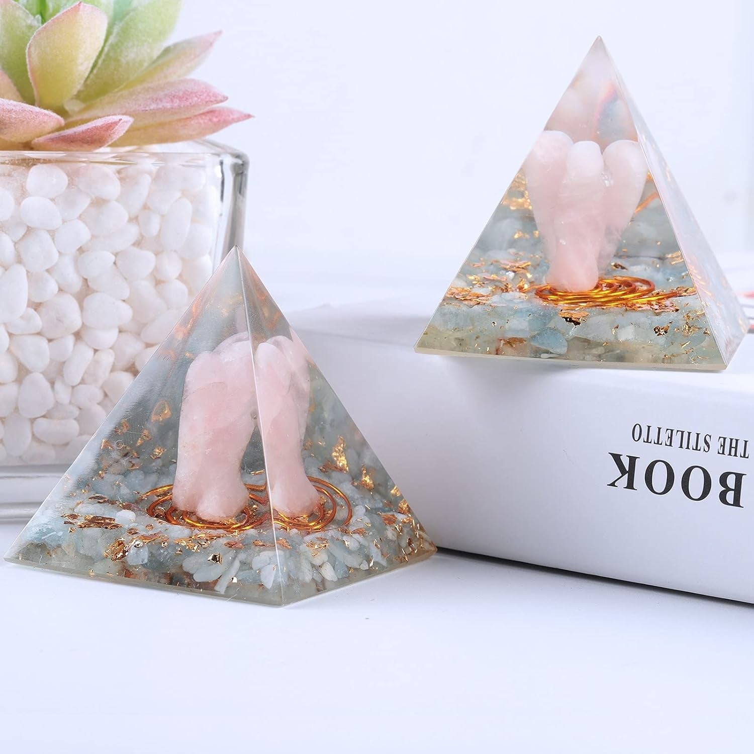 Rose Quartz Angel with Orgone Crystal Pyramid - Healing Decor for Reiki and Meditation