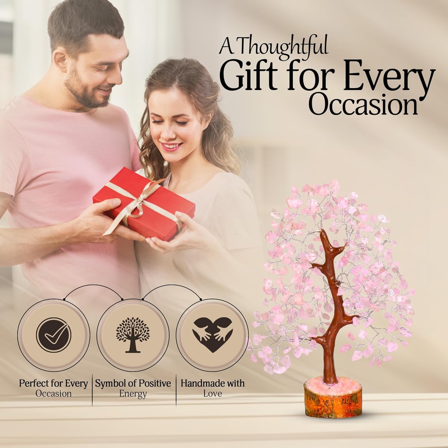 YATSKIA Rose Quartz Crystal Bonsai Tree of Life - Elegant Pink Office Decor - Gemstone Desk Decoration for Women