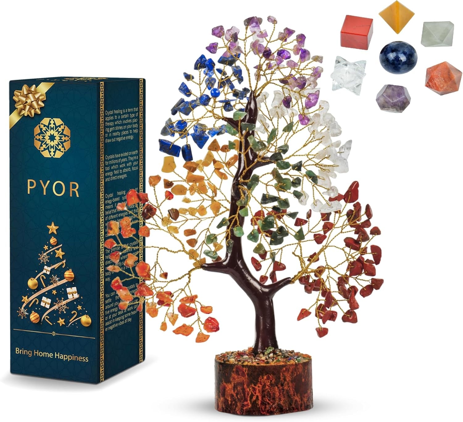 PYOR Chakra Tree with Crystals - Ideal Housewarming and Birthday Gifts for Women - Elegant Office Decor and Reiki Healing Gemstone Tree - Includes Crystal Star Merkaba