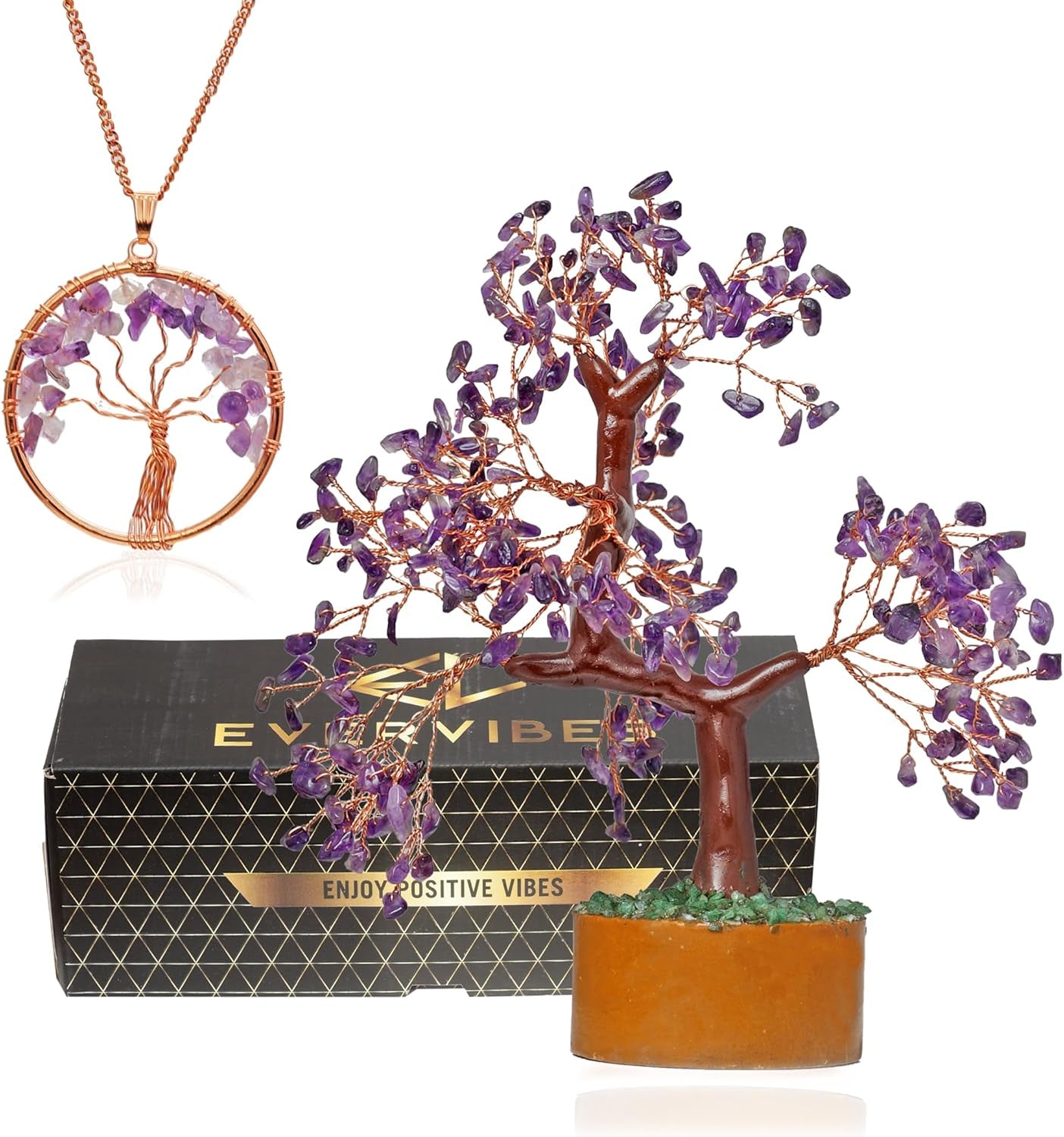 Amethyst Chakra Gemstone Money Tree of Life with Necklace - Handmade Spiritual Decor and Feng Shui Healing Crystal Figurine for Good Luck, Wealth, and Home Office Desk Decoration