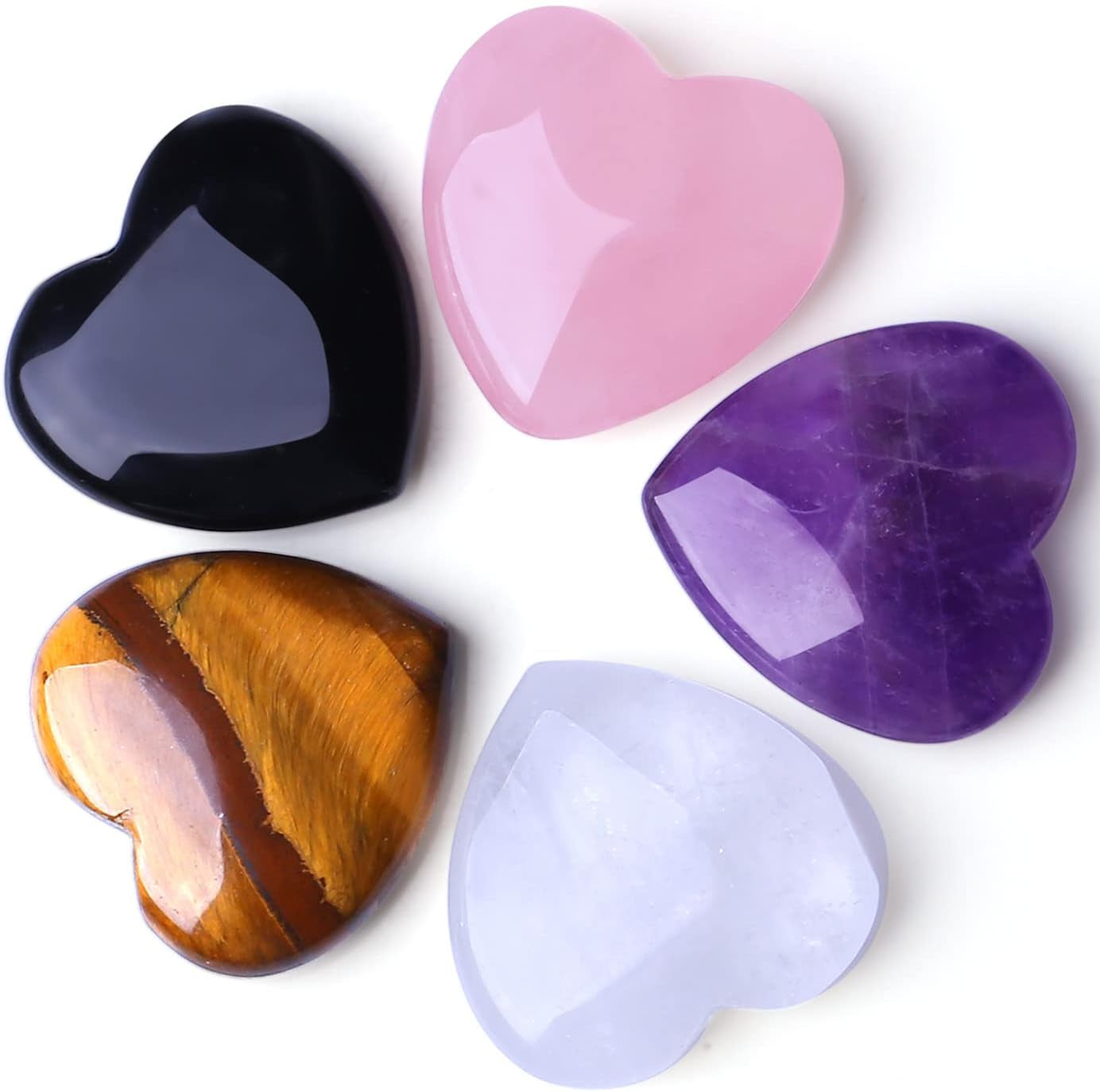 QINJIEJIE Set of 3 Large 1.2" Heart-Shaped Healing Crystals: Amethyst, Obsidian, and Tiger's Eye for Reiki Energy Balancing and Therapeutic Use