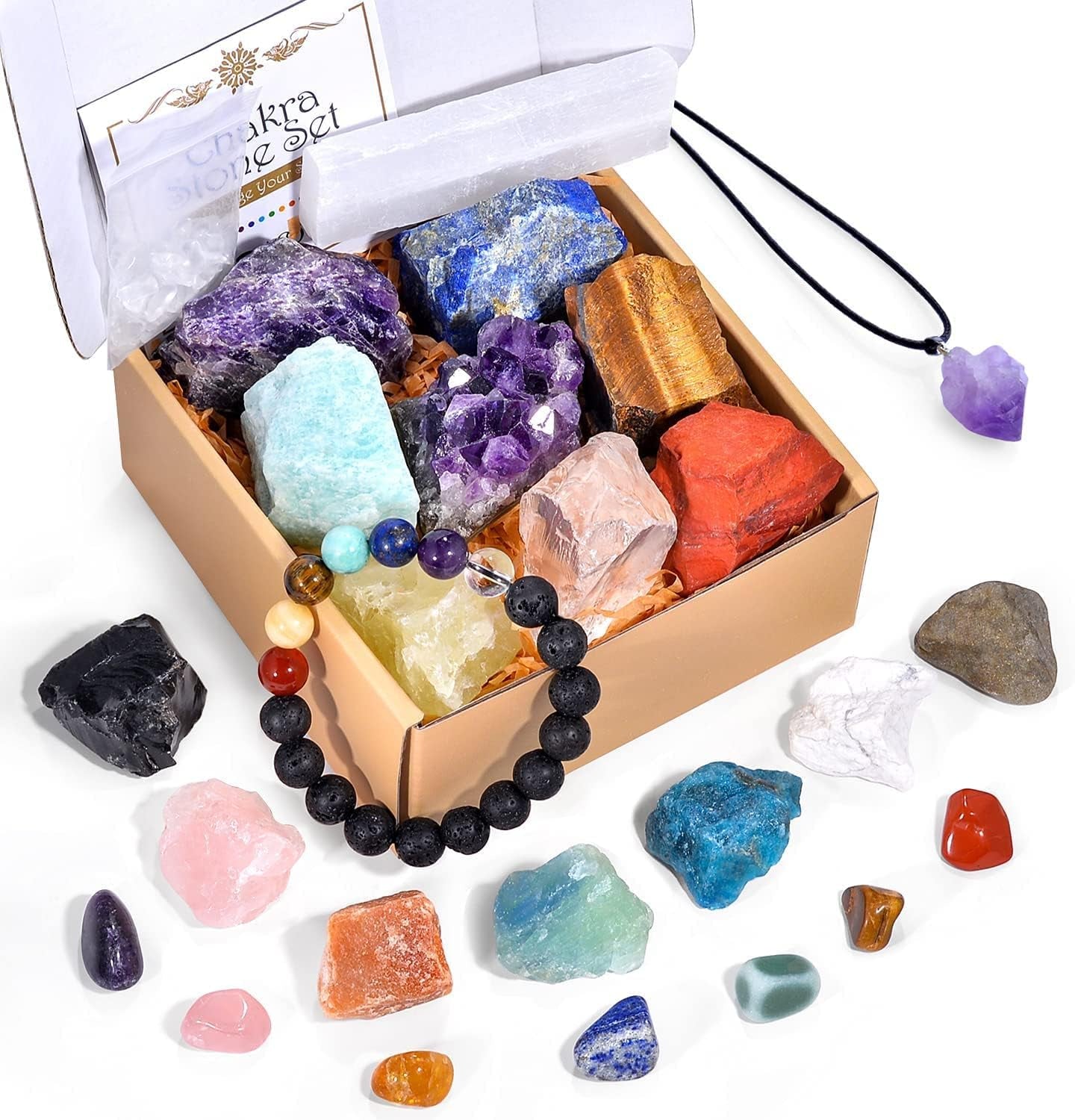 AOOVOO 26-Piece Healing Crystals and Stones Gift Set with 7 Raw Chakra Stones, 7 Tumbled Gemstones, Amethyst Necklace, Selenite Plate, Lava Bracelet, Clear Quartz, and Gift Box