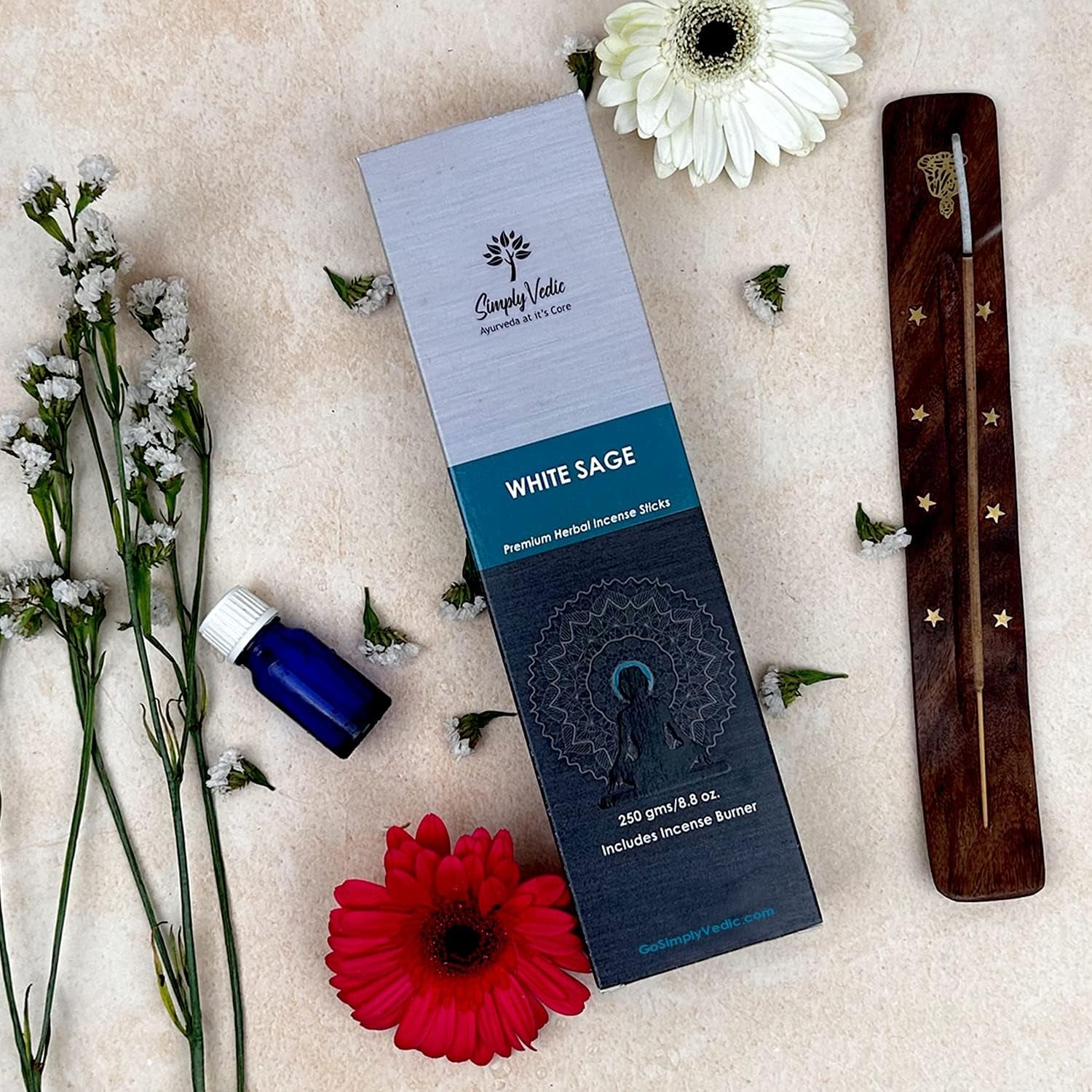 Vedic White Sage Incense Sticks - 250g (135 Sticks + Holder) for Natural Aromatherapy, Meditation, Yoga, and Spiritual Healing