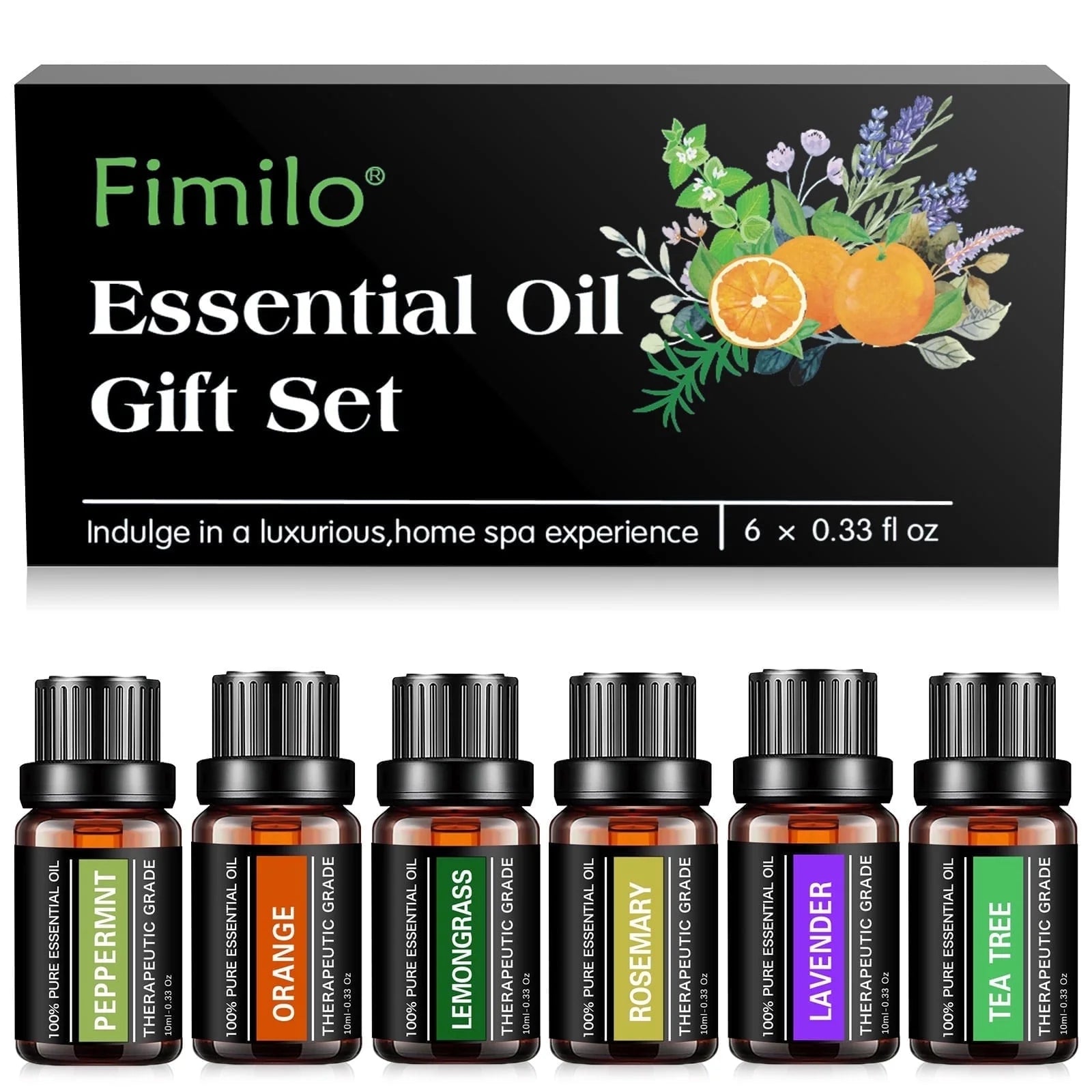Fimilo Essential Oils Set, Fragrance Oils Gift Set for Diffuser - Peppermint,Lemongrass,Tea Tree,Rosemary,Lavender,Orange Kit (6 X 10ML)