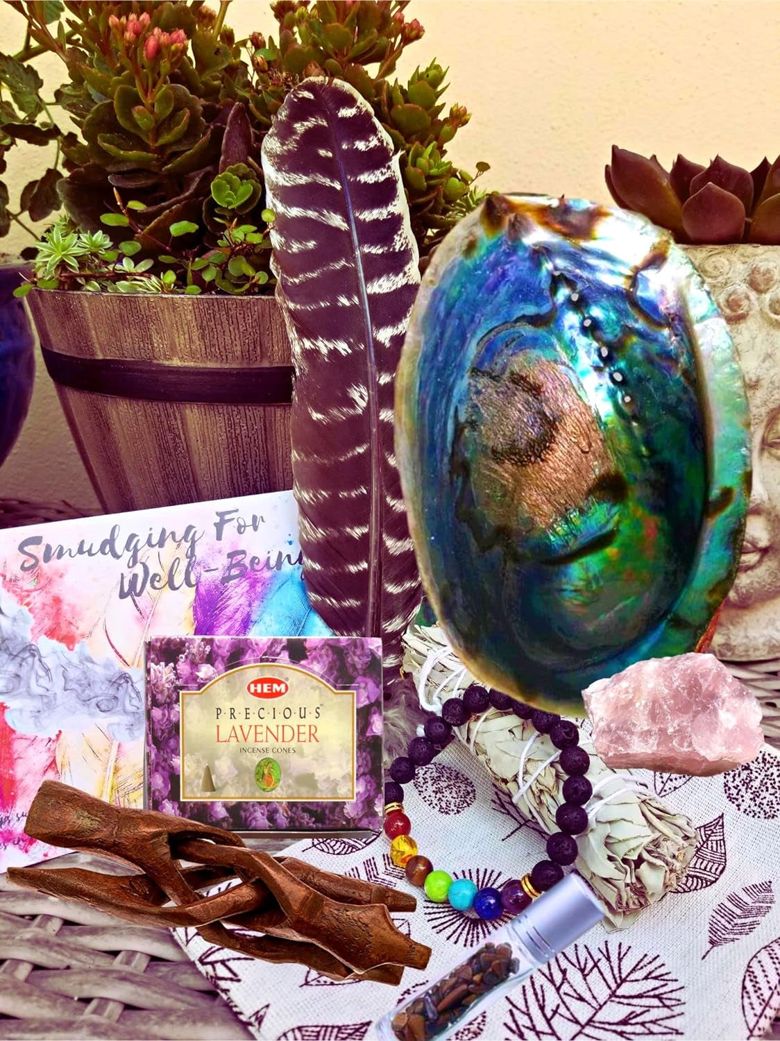 Sage Smudge Kit: Comprehensive 12-Piece Spiritual Gift Set with XL Abalone Shell for Cleansing and Healing Energy (Tiger's Eye/Lavender)