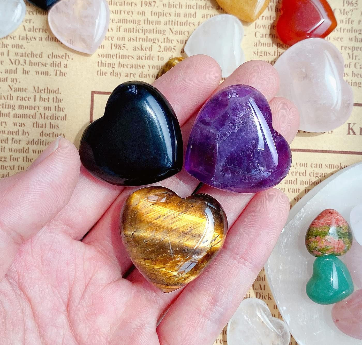QINJIEJIE Set of 3 Large 1.2" Heart-Shaped Healing Crystals: Amethyst, Obsidian, and Tiger's Eye for Reiki Energy Balancing and Therapeutic Use