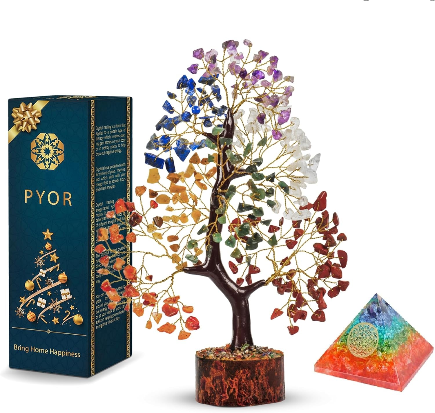 PYOR Chakra Tree with Crystals - Ideal Housewarming and Birthday Gifts for Women - Elegant Office Decor and Reiki Healing Gemstone Tree - Includes Crystal Star Merkaba