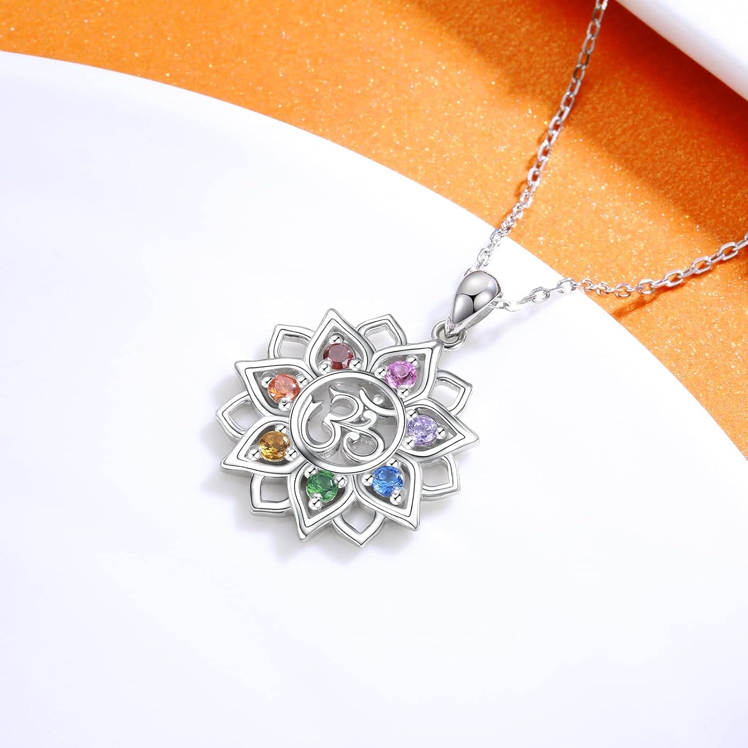 Chakra Yoga Lotus Flower Necklace in 925 Sterling Silver with Om Symbol and Crystal Pendant - Spiritual Jewelry Gift for Women