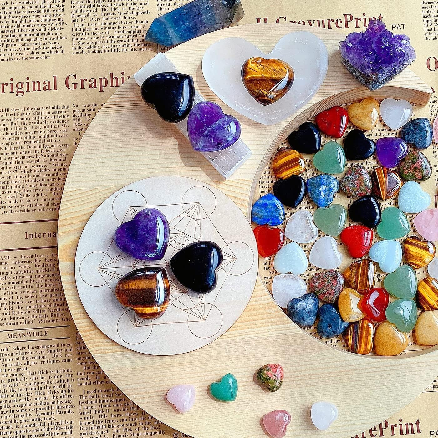 QINJIEJIE Set of 3 Large 1.2" Heart-Shaped Healing Crystals: Amethyst, Obsidian, and Tiger's Eye for Reiki Energy Balancing and Therapeutic Use