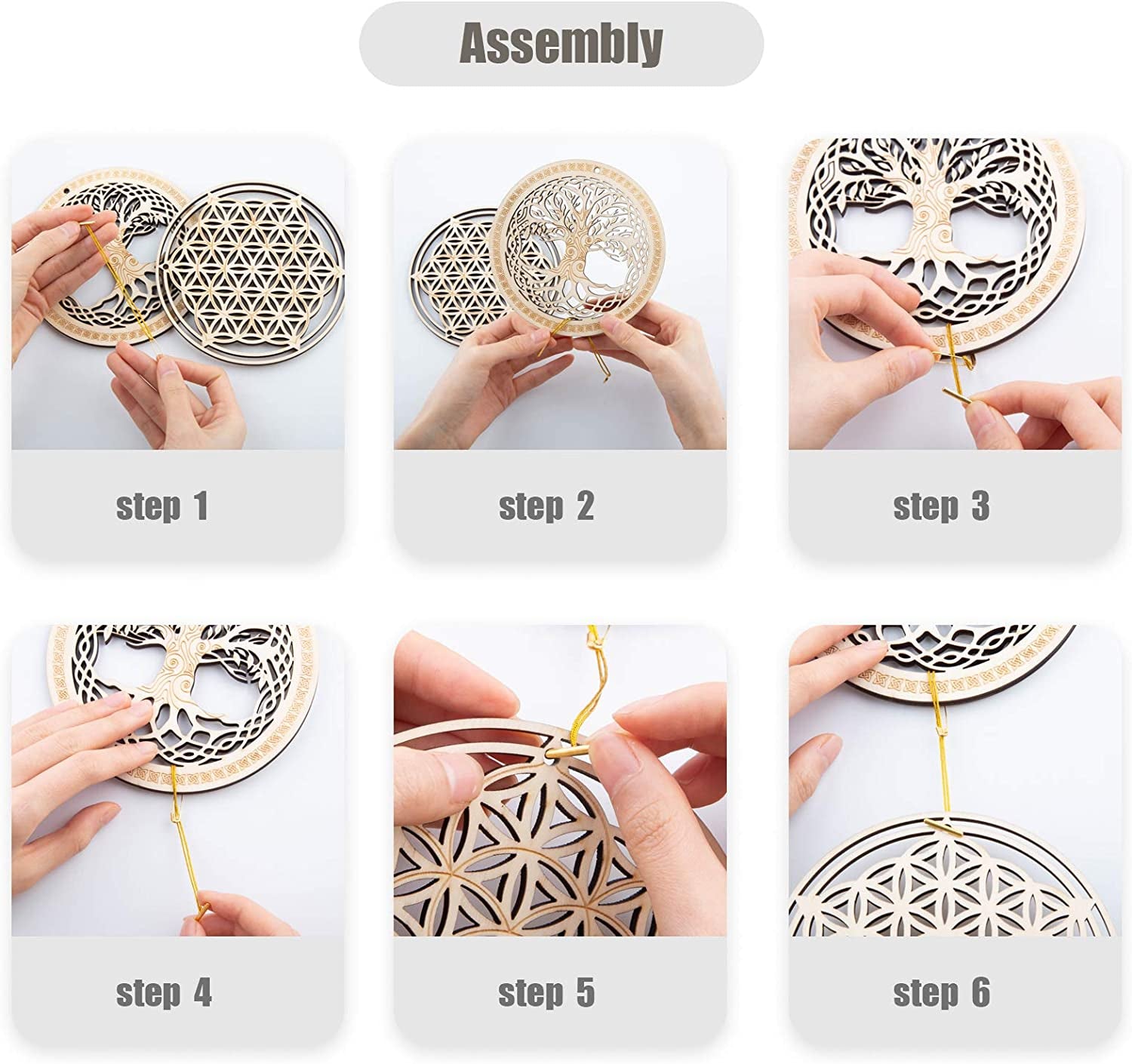 5.31" Sacred Geometry Wall Art Set of 4 (Eye of Horus, Flower of Life, Tree of Life, Metatron's Cube) - Crystal Grid Meditation and Chakra Wooden Decor for Yoga and Spiritual Gifting