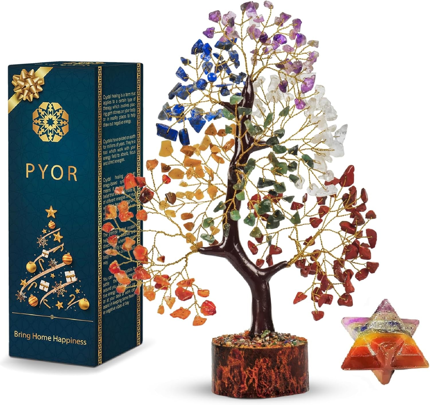 PYOR Chakra Tree with Crystals - Ideal Housewarming and Birthday Gifts for Women - Elegant Office Decor and Reiki Healing Gemstone Tree - Includes Crystal Star Merkaba