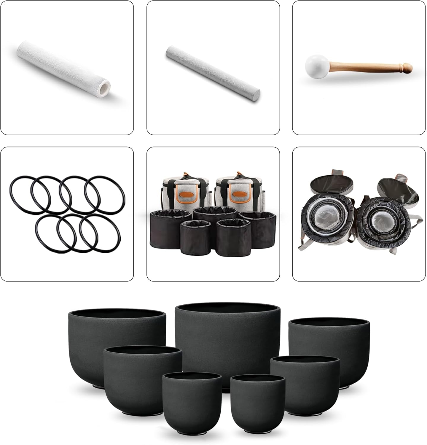 Ryan Dvan 7-12 Inch Frosted Quartz Crystal Singing Bowl Set for Sound Therapy with Mallets, Cases, and O-Ring for Yoga, Meditation, Energy Balancing, and Reiki Healing