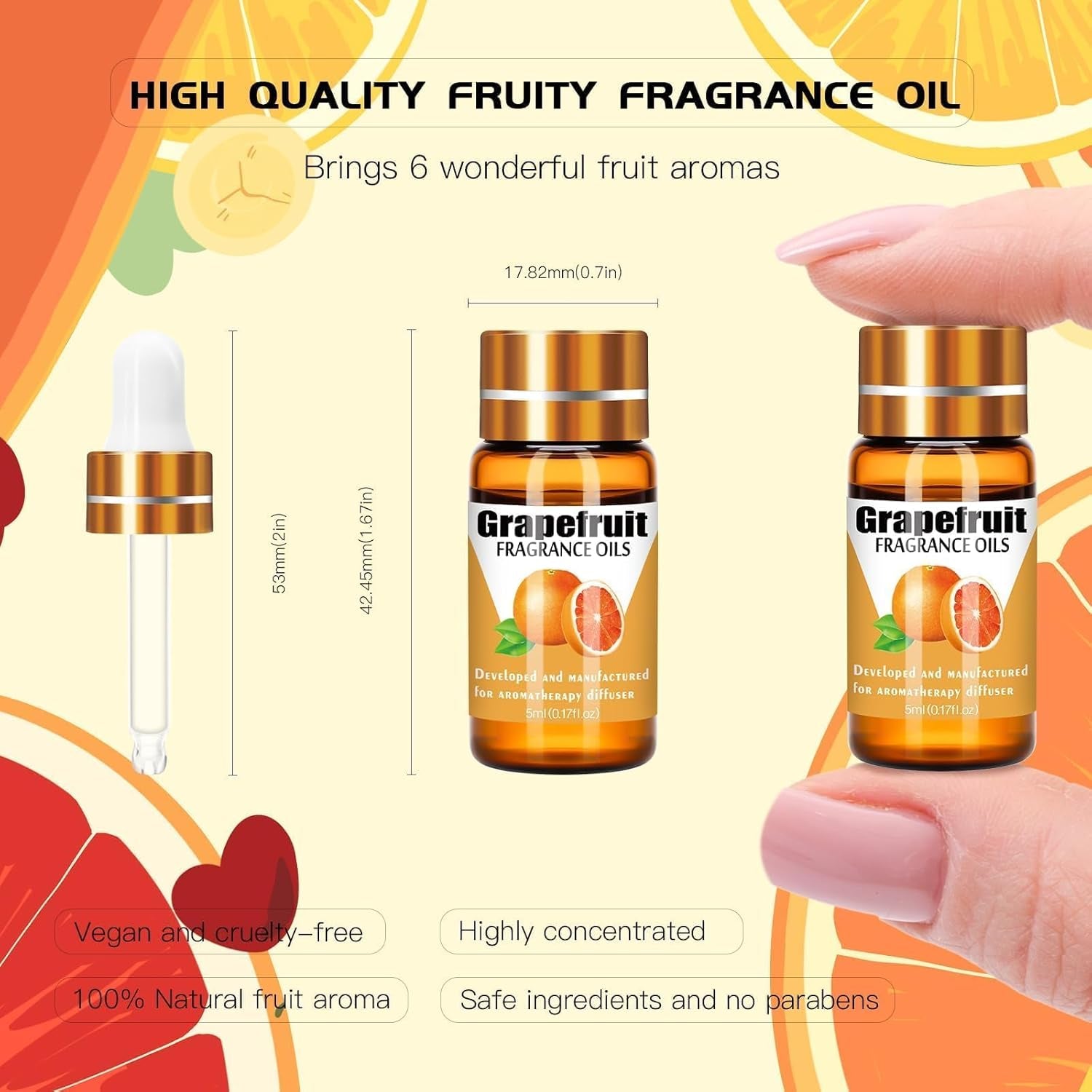 Fruity Fragrance Oil Set for Candle Making, Soap Making, and Aromatherapy - 6 Assorted Scents: Coconut, Blueberry, Grapefruit, Apple, Strawberry, Mango (5ml Each)