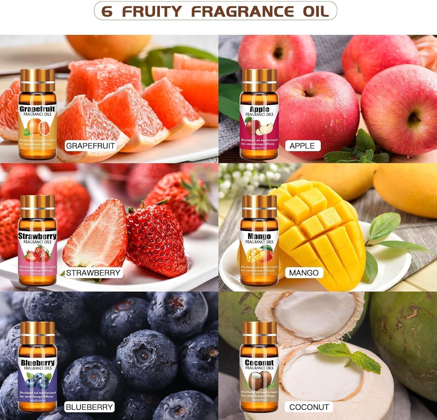 Fruity Fragrance Oil Set for Candle Making, Soap Making, and Aromatherapy - 6 Assorted Scents: Coconut, Blueberry, Grapefruit, Apple, Strawberry, Mango (5ml Each)