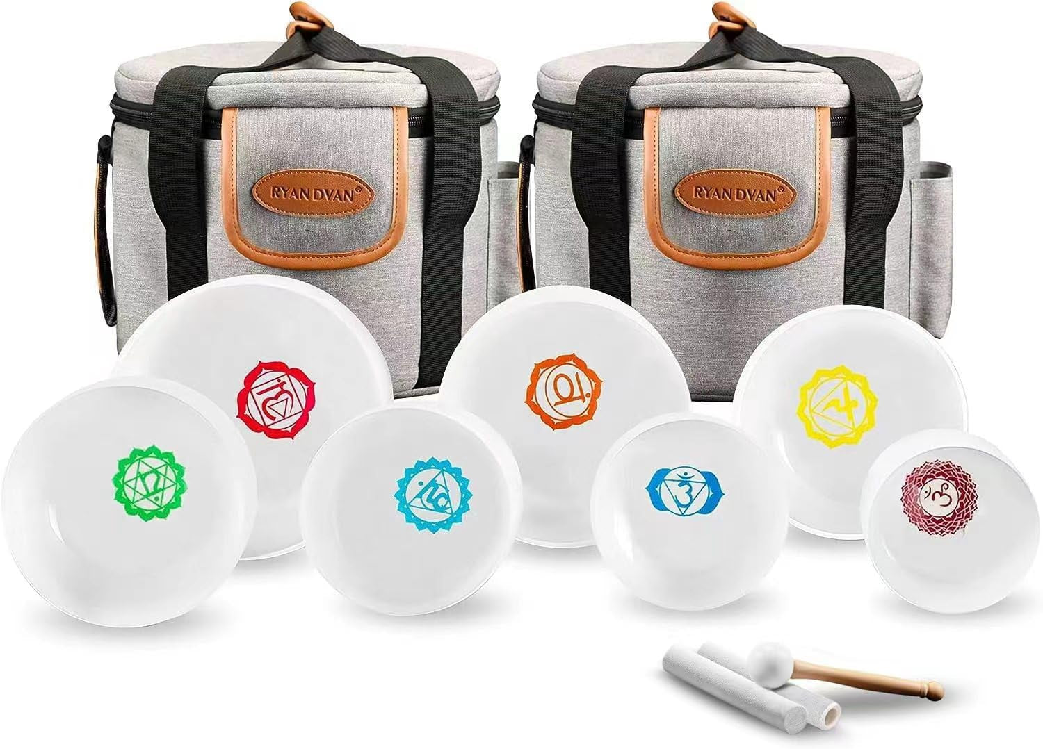 Ryan Dvan 7-12 Inch Frosted Quartz Crystal Singing Bowl Set for Sound Therapy with Mallets, Cases, and O-Ring for Yoga, Meditation, Energy Balancing, and Reiki Healing