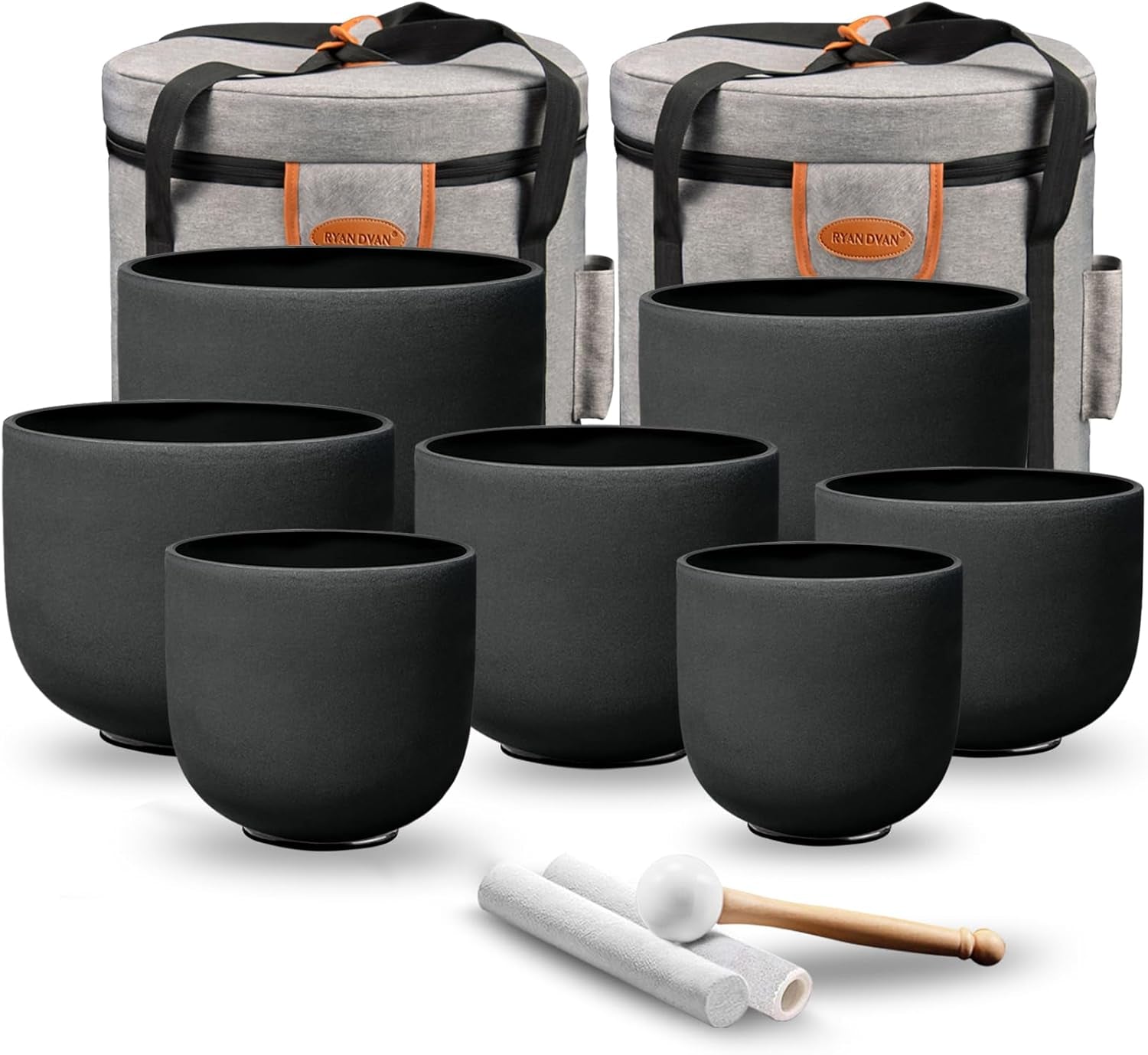 Ryan Dvan 7-12 Inch Frosted Quartz Crystal Singing Bowl Set for Sound Therapy with Mallets, Cases, and O-Ring for Yoga, Meditation, Energy Balancing, and Reiki Healing