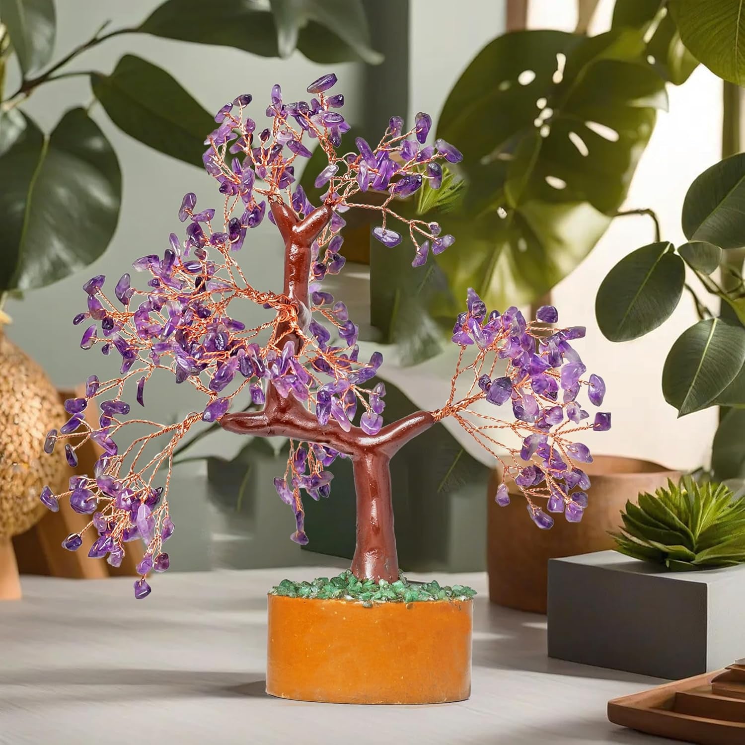 Amethyst Chakra Gemstone Money Tree of Life with Necklace - Handmade Spiritual Decor and Feng Shui Healing Crystal Figurine for Good Luck, Wealth, and Home Office Desk Decoration