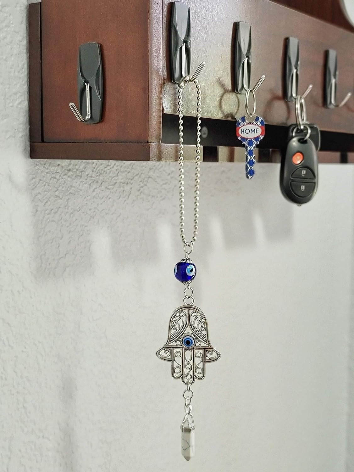 LUCKBOOSTIUM Hand Protection Amulet - Evil Eye Rearview Mirror Hanging Ornament and Good Luck Charm (2" x 11", White Turquoise)