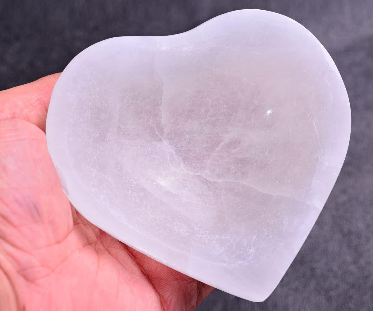 JIC Gem 5-Inch Hand-Carved Heart-Shaped Selenite Bowl - Moroccan Selenite Crystals for Cleansing, Charging, and Decorative Purposes or Gifting