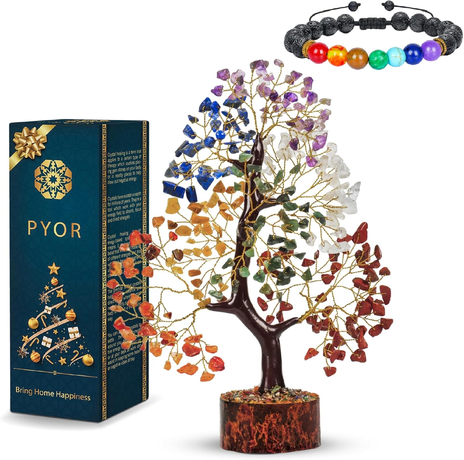 PYOR Chakra Tree with Crystals - Ideal Housewarming and Birthday Gifts for Women - Elegant Office Decor and Reiki Healing Gemstone Tree - Includes Crystal Star Merkaba