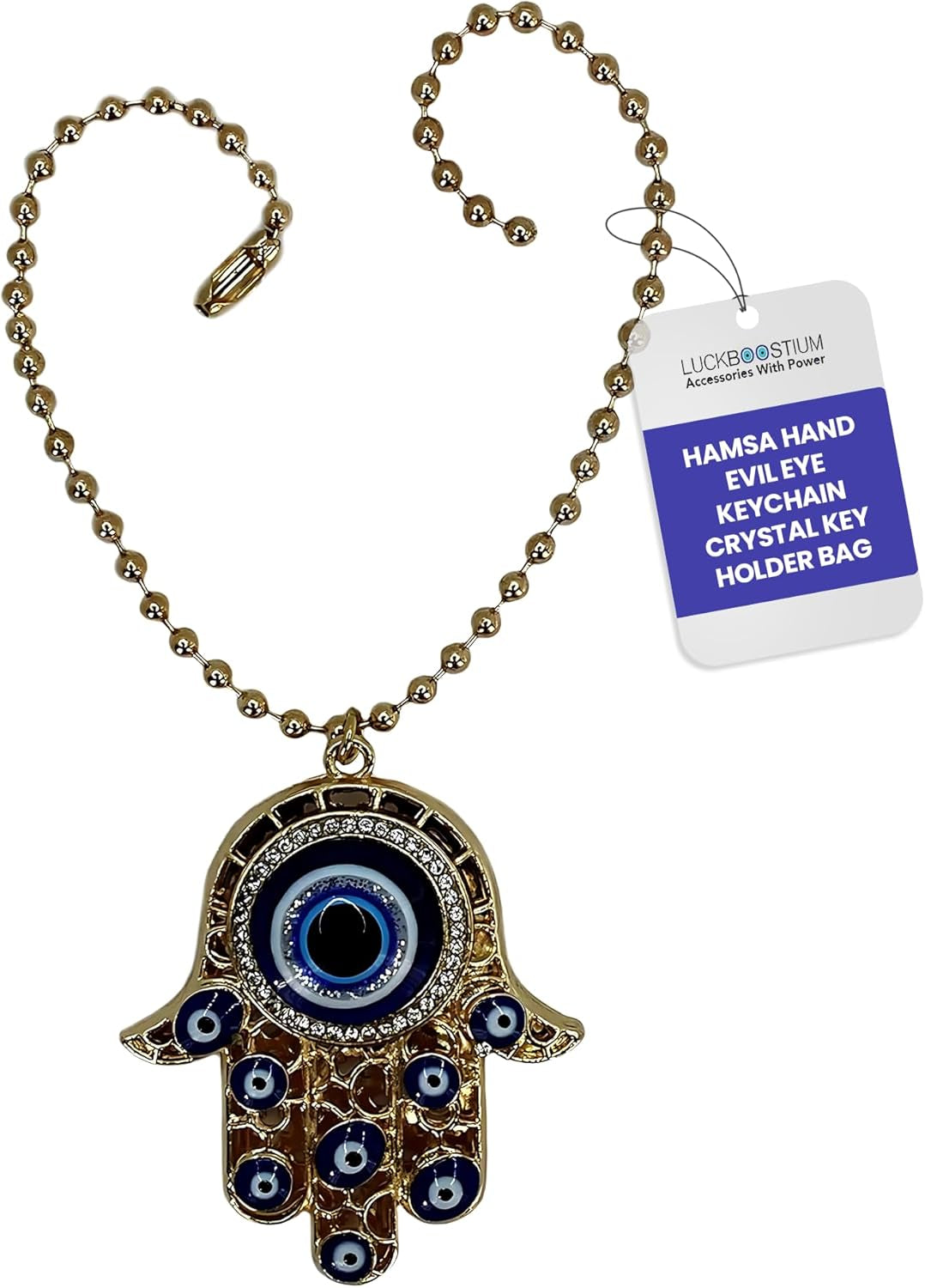 LUCKBOOSTIUM Hamsa Hand Evil Eye Keychain with Crystal Rhinestones - Good Luck Charm for Car Accessories, Decorative Hanging Ornament, and Bag Charms (Gold)