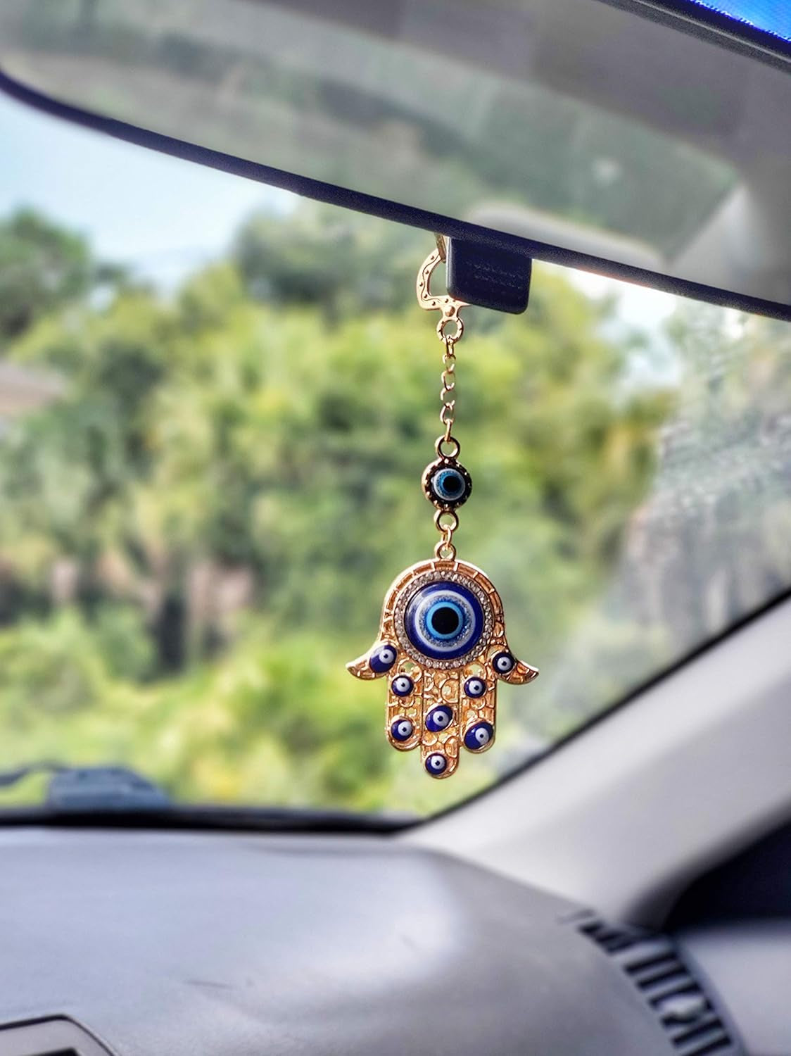 LUCKBOOSTIUM Hamsa Hand Evil Eye Keychain with Crystal Rhinestones - Good Luck Charm for Car Accessories, Decorative Hanging Ornament, and Bag Charms (Gold)