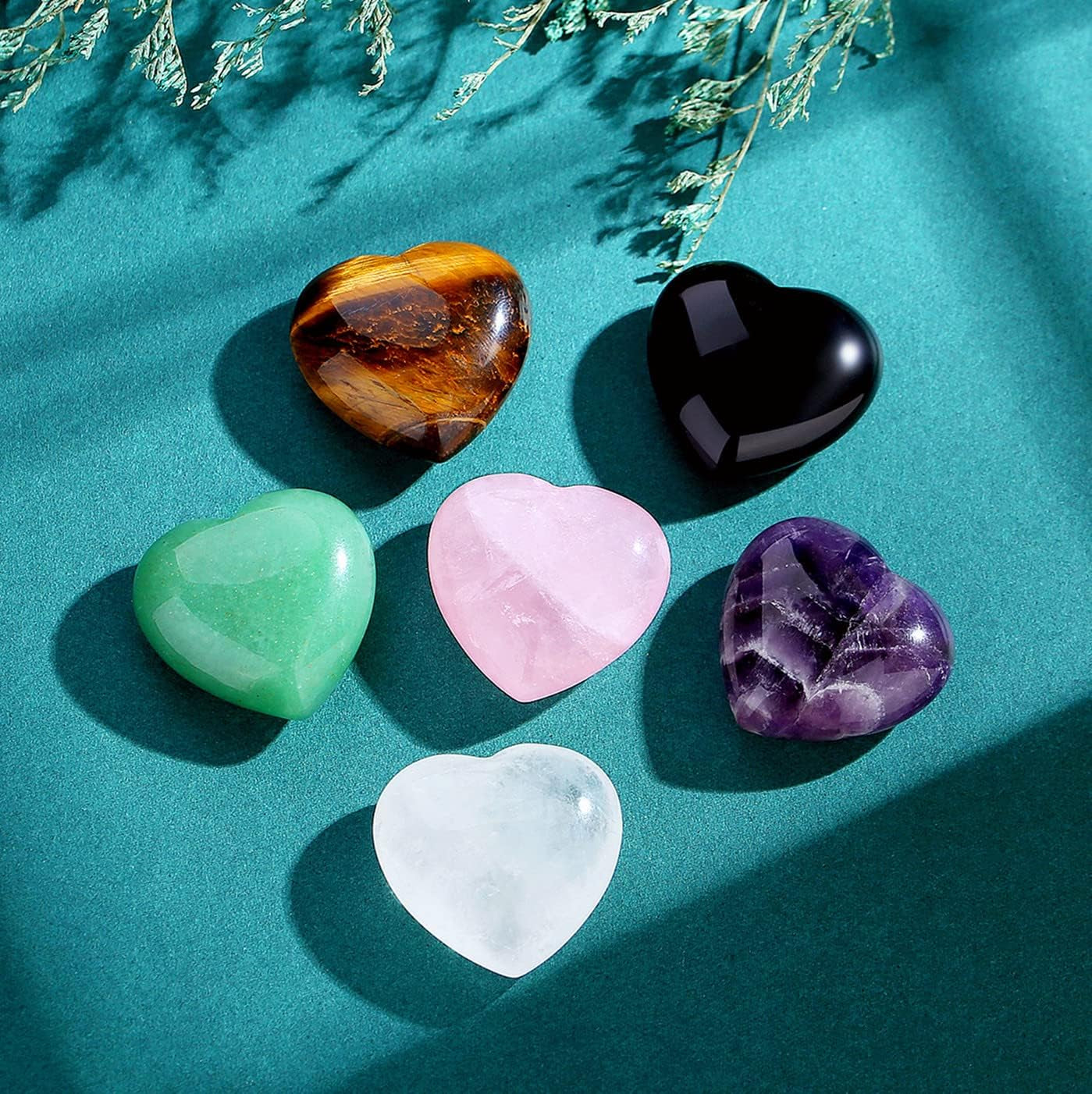 QINJIEJIE Set of 3 Large 1.2" Heart-Shaped Healing Crystals: Amethyst, Obsidian, and Tiger's Eye for Reiki Energy Balancing and Therapeutic Use