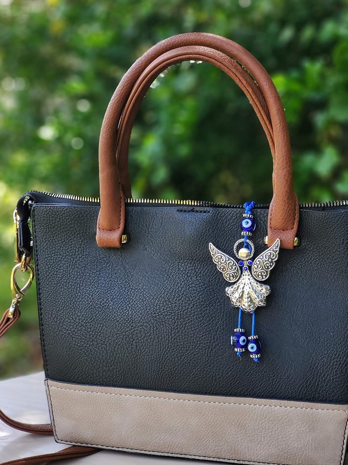 LUCKBOOSTIUM Elegant Angel with Blue Crystal and Evil Eye Hanging Ornament - Good Luck Charm for Home, Keys, Purses, Bags, and Rear View Mirrors - Ideal Gift for Men and Women