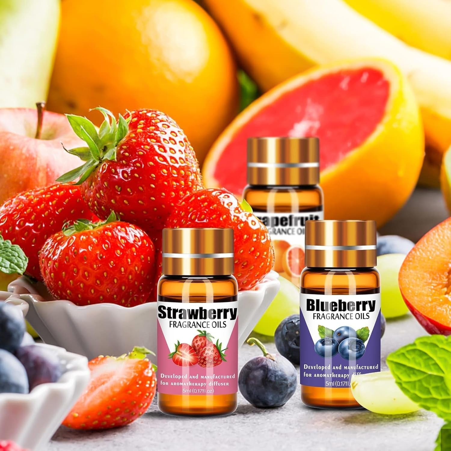 Fruity Fragrance Oil Set for Candle Making, Soap Making, and Aromatherapy - 6 Assorted Scents: Coconut, Blueberry, Grapefruit, Apple, Strawberry, Mango (5ml Each)