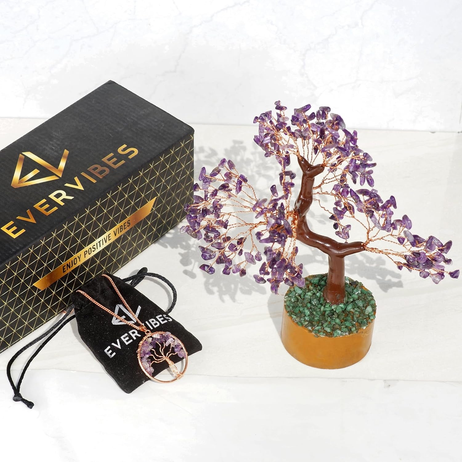 Amethyst Chakra Gemstone Money Tree of Life with Necklace - Handmade Spiritual Decor and Feng Shui Healing Crystal Figurine for Good Luck, Wealth, and Home Office Desk Decoration