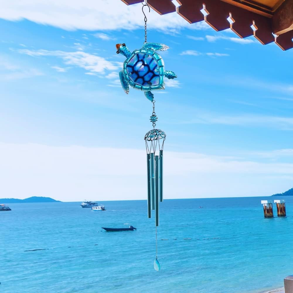 Comfy Hour Ocean Voyage Collection 35" Metal Sea Turtle Wind Chime in Blue