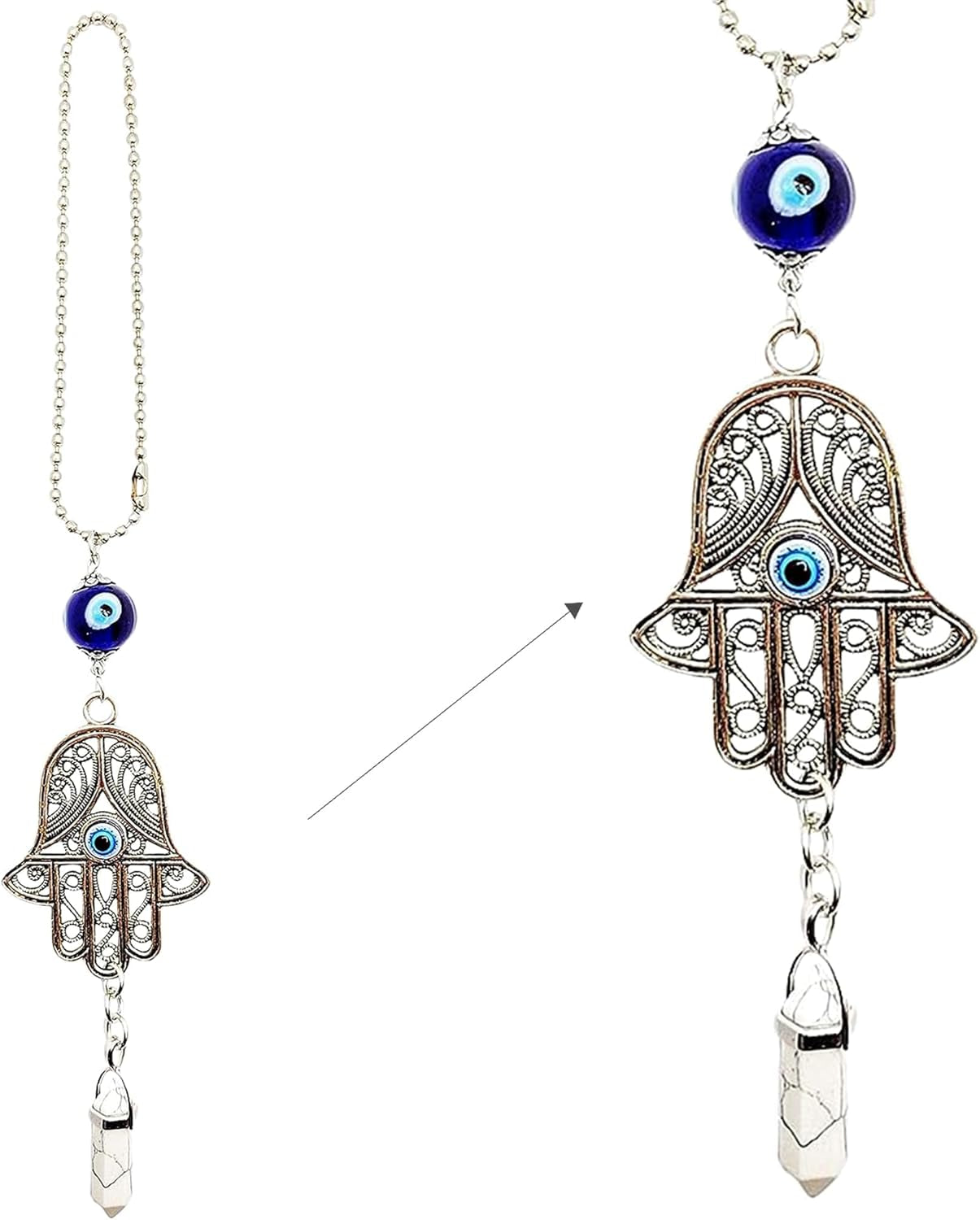LUCKBOOSTIUM Hand Protection Amulet - Evil Eye Rearview Mirror Hanging Ornament and Good Luck Charm (2" x 11", White Turquoise)