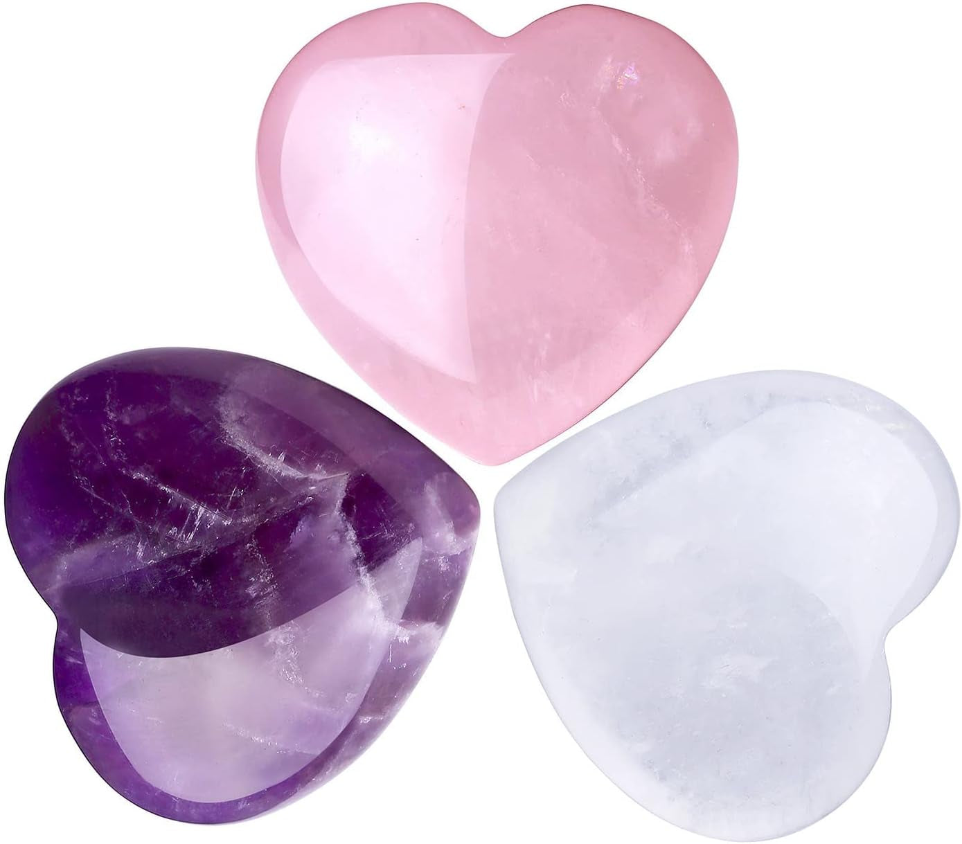QINJIEJIE Set of 3 Large 1.2" Heart-Shaped Healing Crystals: Amethyst, Obsidian, and Tiger's Eye for Reiki Energy Balancing and Therapeutic Use