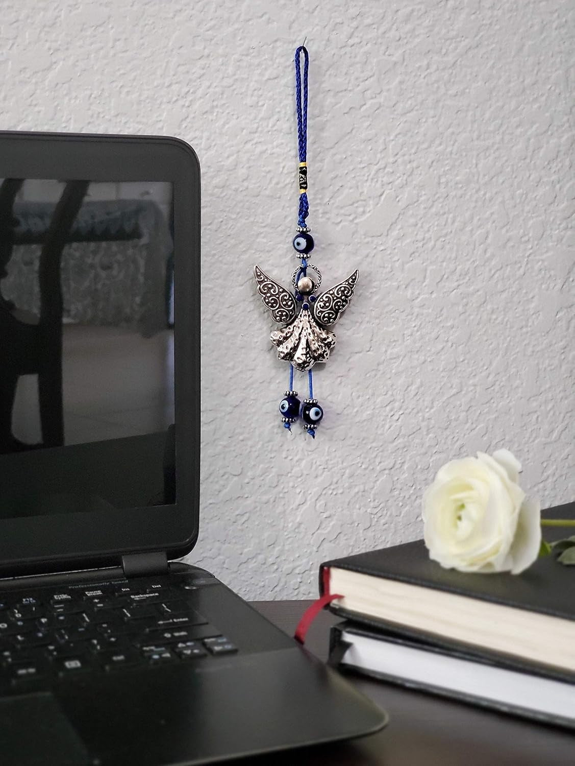 LUCKBOOSTIUM Elegant Angel with Blue Crystal and Evil Eye Hanging Ornament - Good Luck Charm for Home, Keys, Purses, Bags, and Rear View Mirrors - Ideal Gift for Men and Women