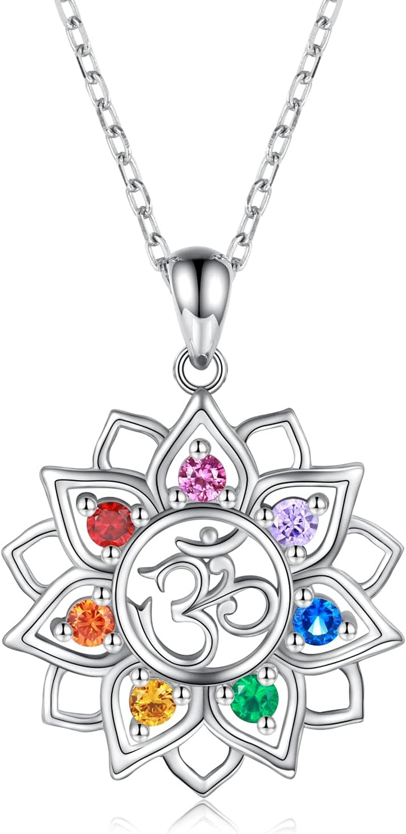 Chakra Yoga Lotus Flower Necklace in 925 Sterling Silver with Om Symbol and Crystal Pendant - Spiritual Jewelry Gift for Women