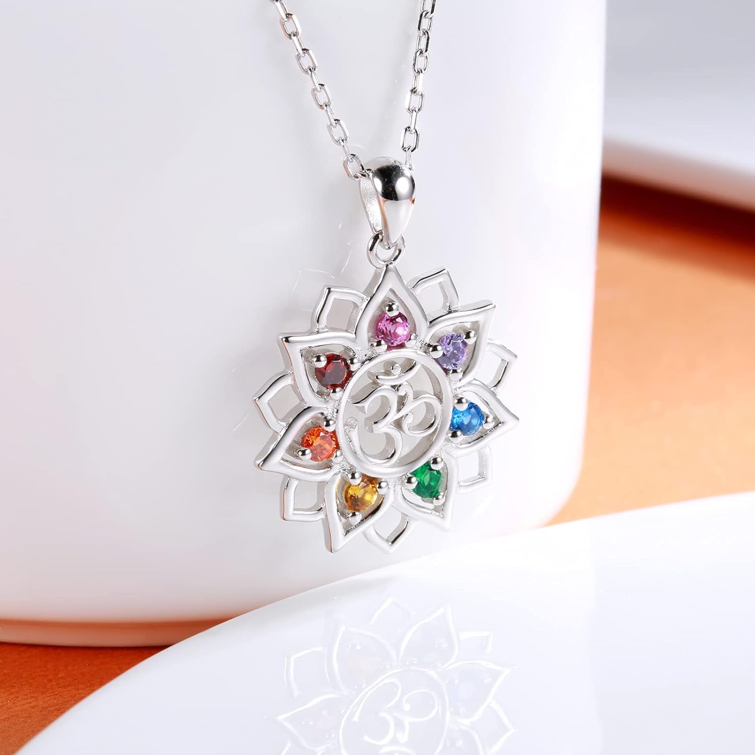Chakra Yoga Lotus Flower Necklace in 925 Sterling Silver with Om Symbol and Crystal Pendant - Spiritual Jewelry Gift for Women