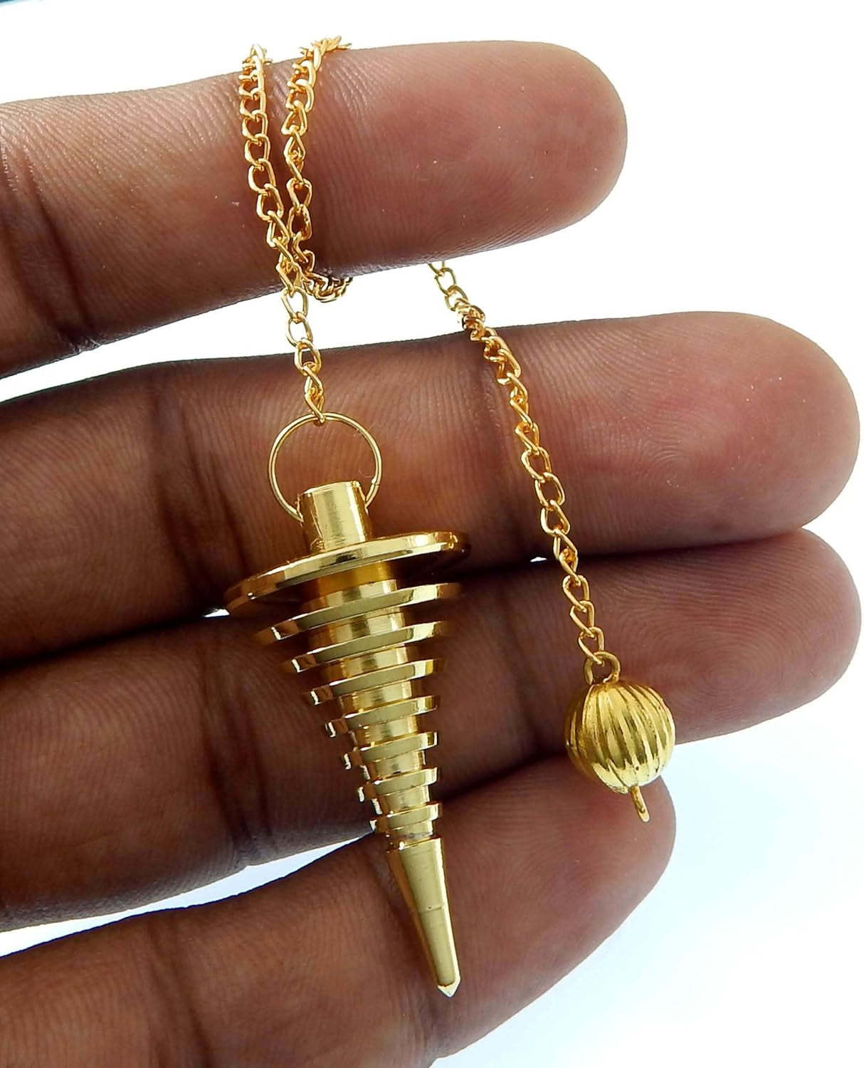 Brass Metal Spiral Pendulum with 9 Ring Coil - Designer Cone Shape for Divination and Healing Dowsing