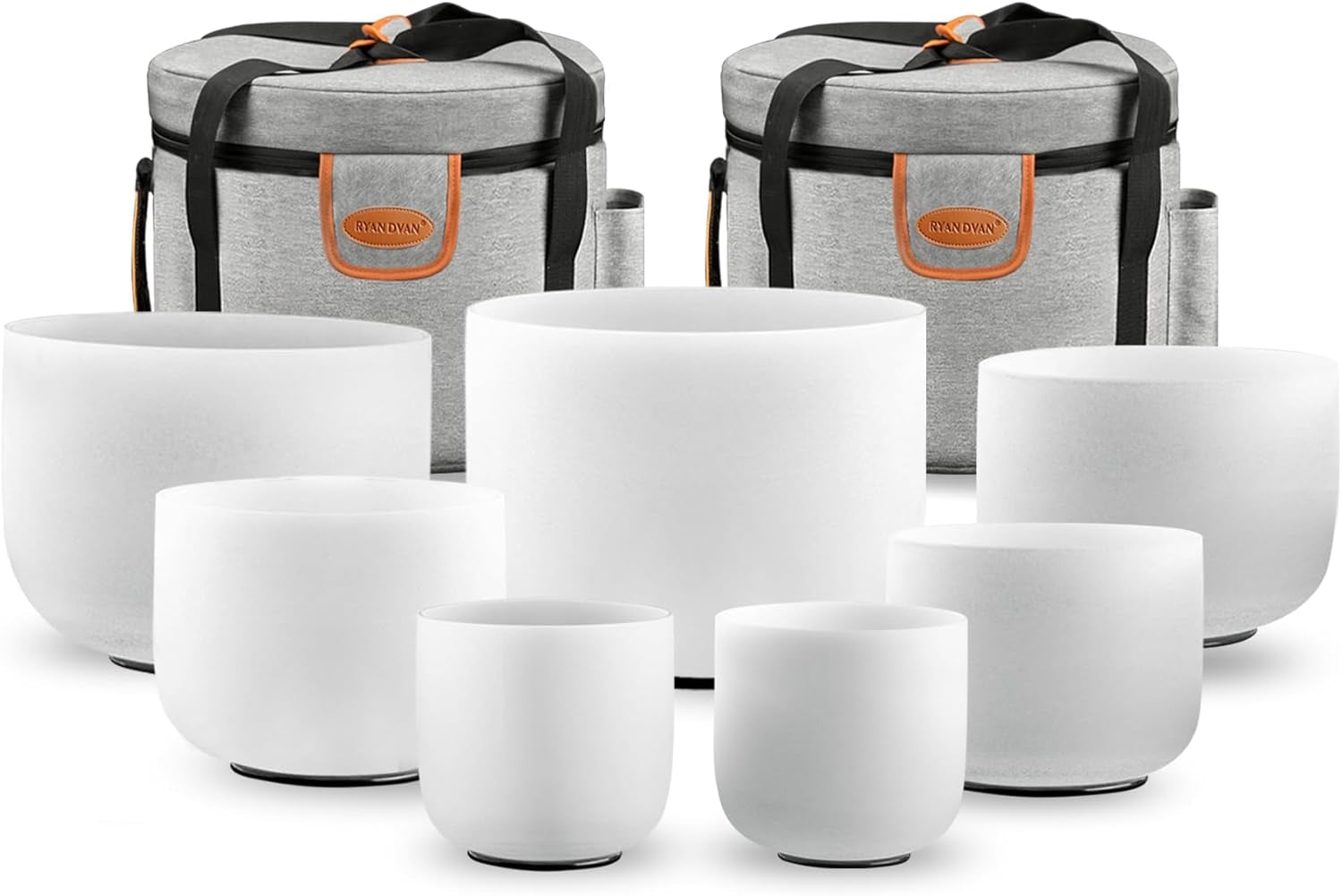 Ryan Dvan 7-12 Inch Frosted Quartz Crystal Singing Bowl Set for Sound Therapy with Mallets, Cases, and O-Ring for Yoga, Meditation, Energy Balancing, and Reiki Healing