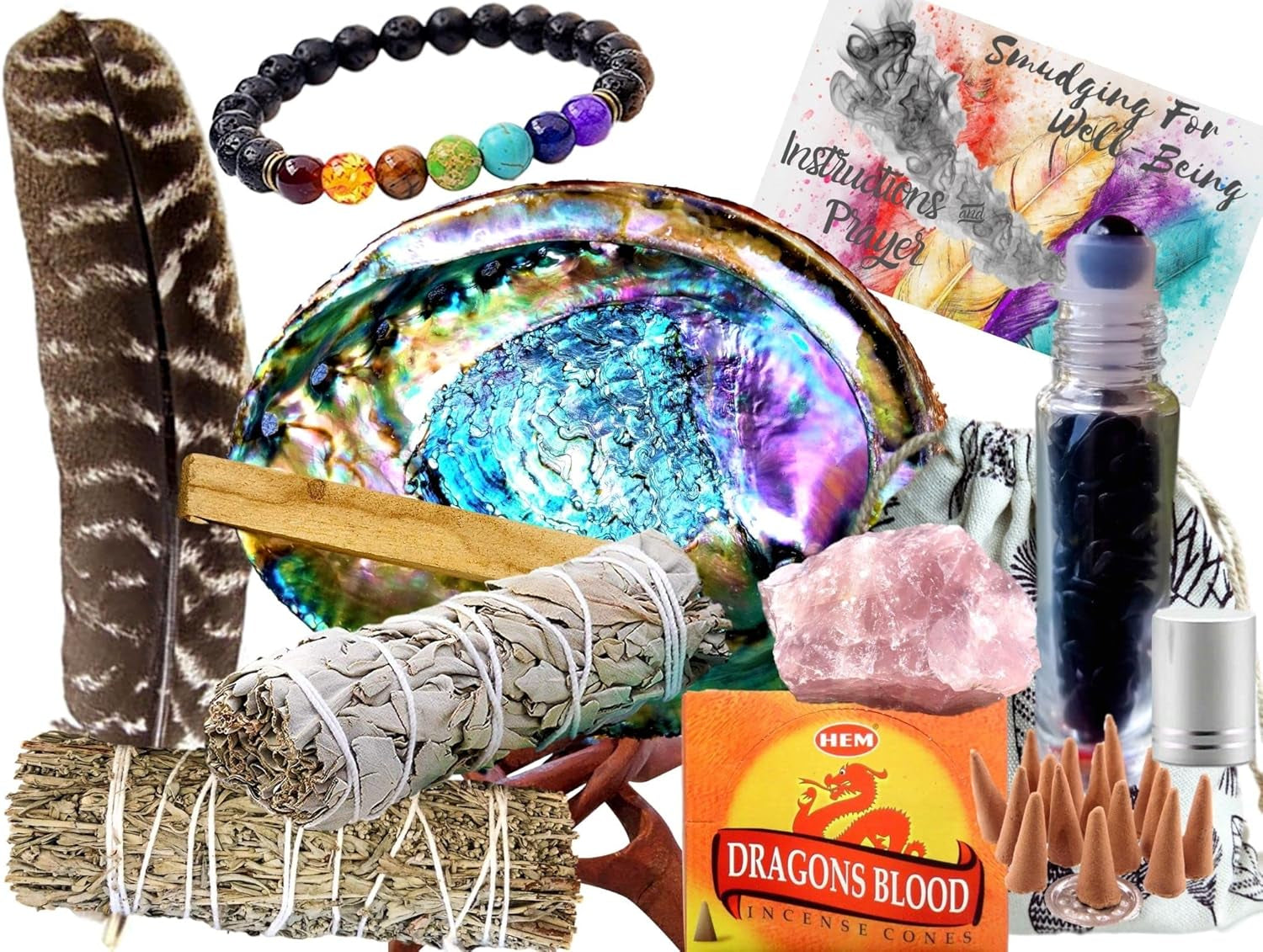 Sage Smudge Kit: Comprehensive 12-Piece Spiritual Gift Set with XL Abalone Shell for Cleansing and Healing Energy (Tiger's Eye/Lavender)