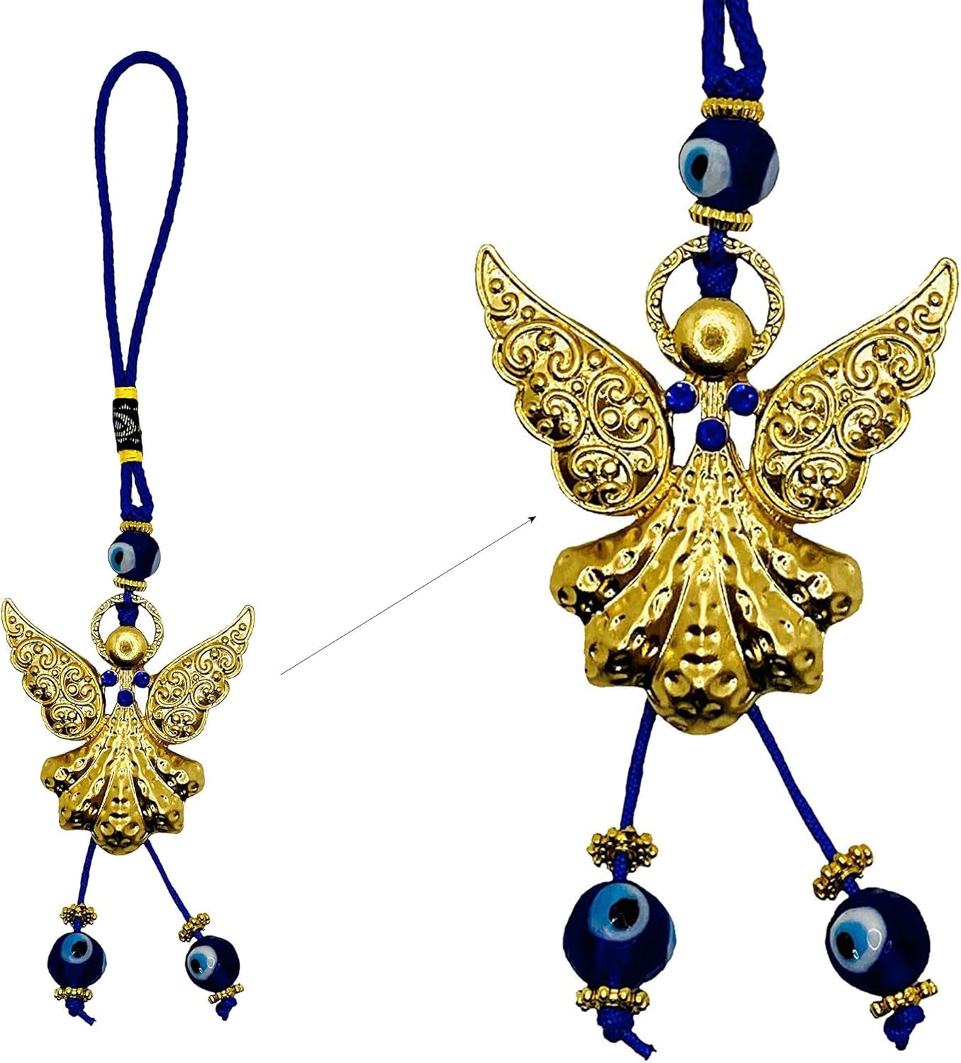 LUCKBOOSTIUM Elegant Angel with Blue Crystal and Evil Eye Hanging Ornament - Good Luck Charm for Home, Keys, Purses, Bags, and Rear View Mirrors - Ideal Gift for Men and Women