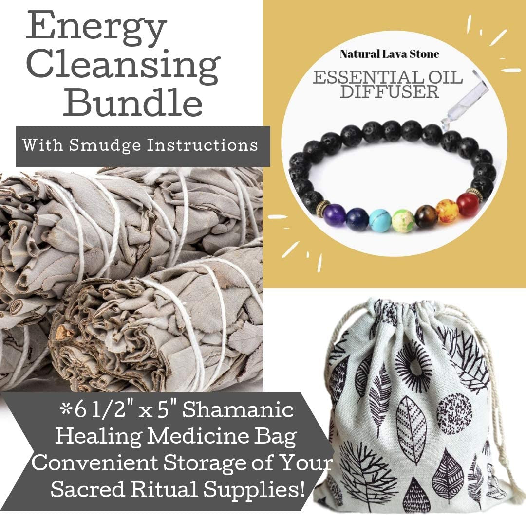 Sage Smudge Kit with Three White Sage Sticks, Chakra Stones Diffuser Bracelet, Incense Sticks, Cleansing Instructions, and Charitable Contribution