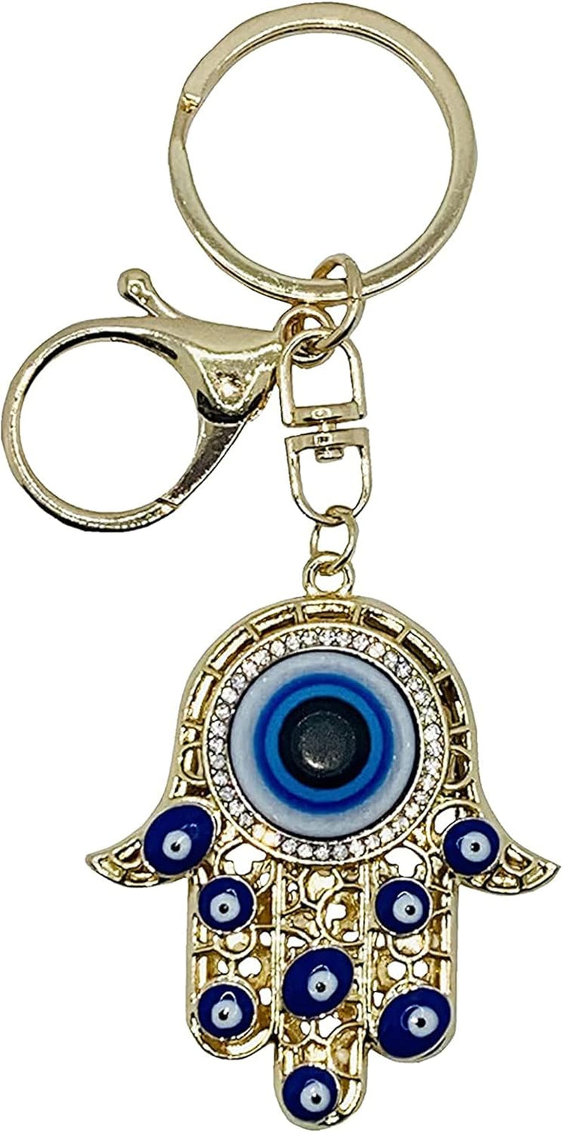 LUCKBOOSTIUM Hamsa Hand Evil Eye Keychain with Crystal Rhinestones - Good Luck Charm for Car Accessories, Decorative Hanging Ornament, and Bag Charms (Gold)