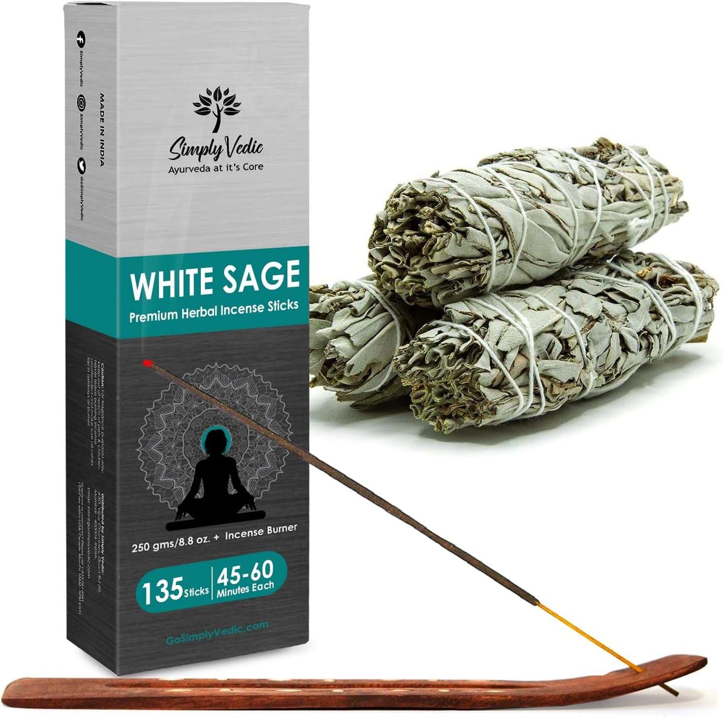 Vedic White Sage Incense Sticks - 250g (135 Sticks + Holder) for Natural Aromatherapy, Meditation, Yoga, and Spiritual Healing