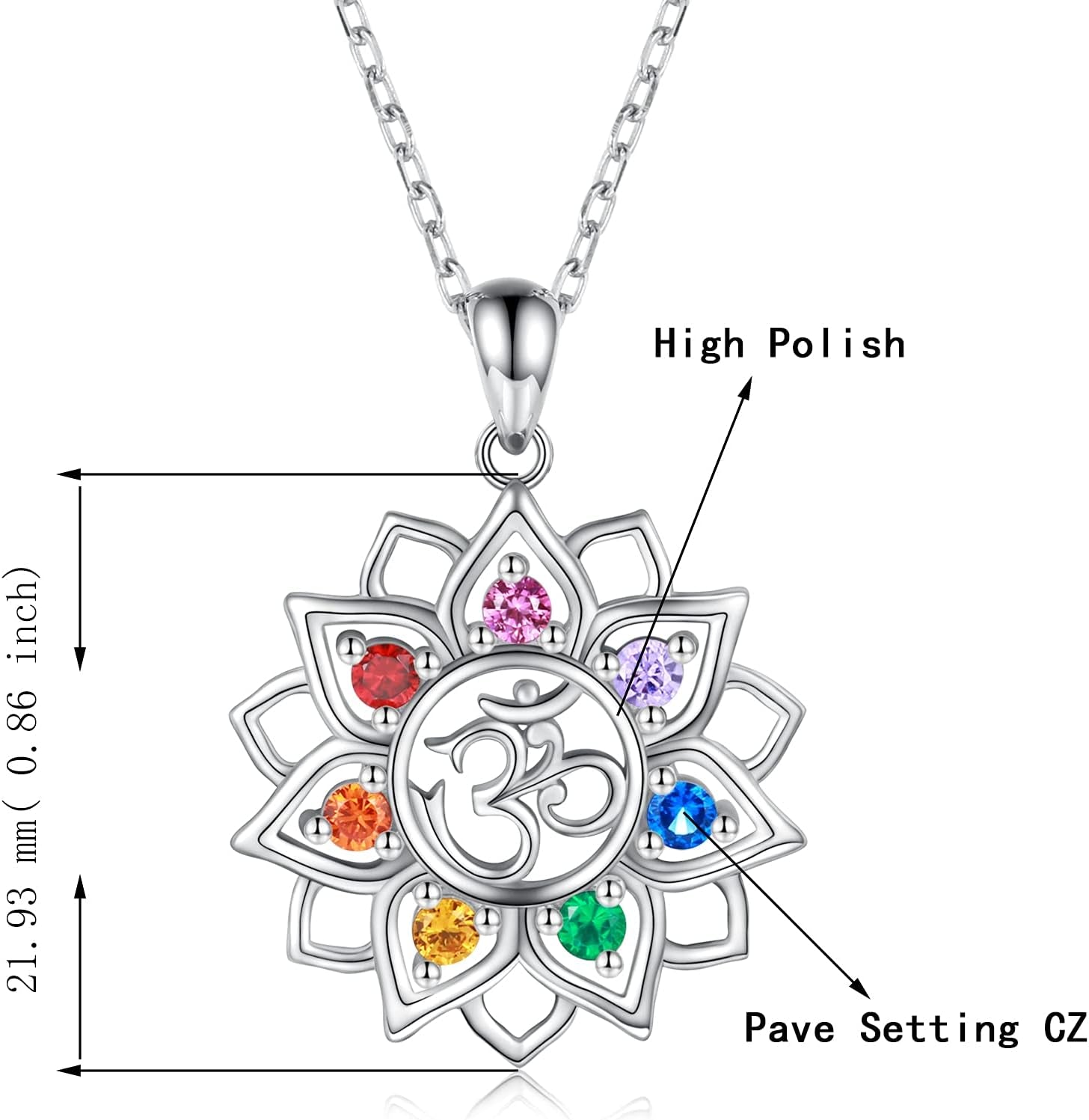 Chakra Yoga Lotus Flower Necklace in 925 Sterling Silver with Om Symbol and Crystal Pendant - Spiritual Jewelry Gift for Women