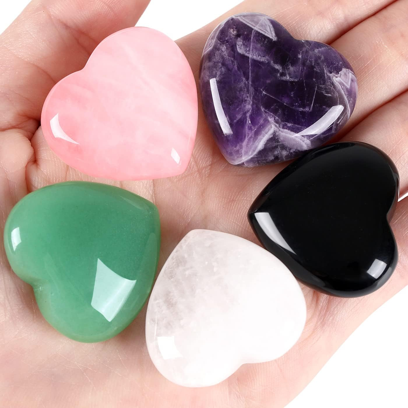 QINJIEJIE Set of 3 Large 1.2" Heart-Shaped Healing Crystals: Amethyst, Obsidian, and Tiger's Eye for Reiki Energy Balancing and Therapeutic Use