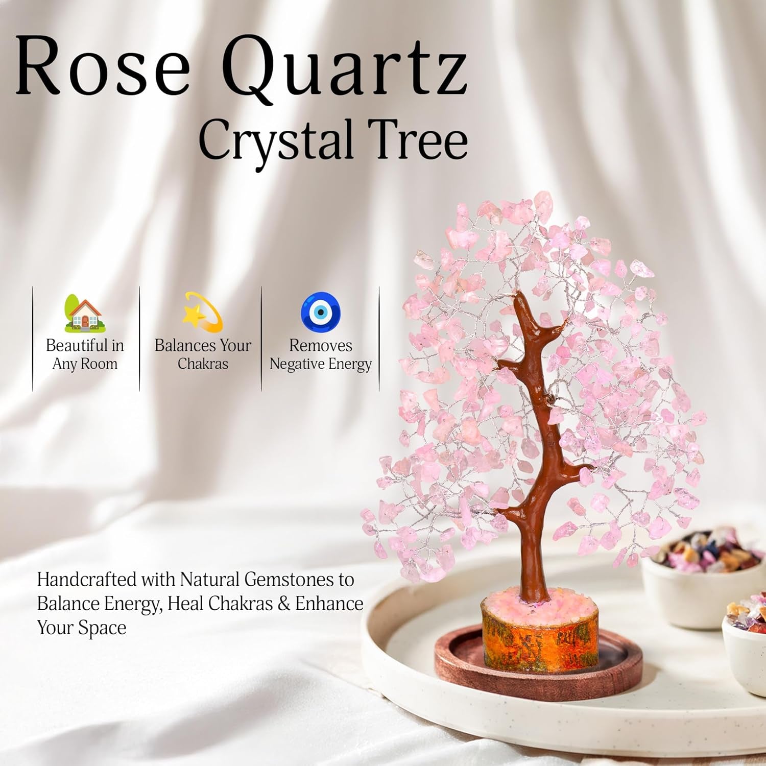 YATSKIA Rose Quartz Crystal Bonsai Tree of Life - Elegant Pink Office Decor - Gemstone Desk Decoration for Women