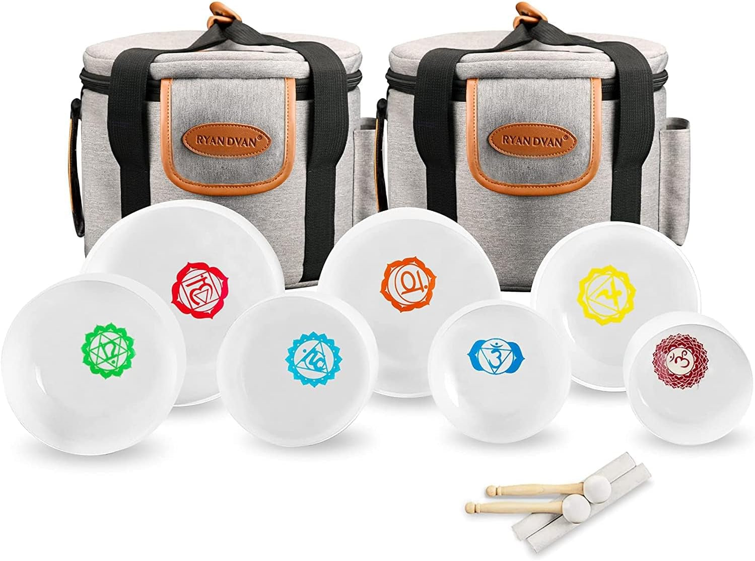 Ryan Dvan 7-12 Inch Frosted Quartz Crystal Singing Bowl Set for Sound Therapy with Mallets, Cases, and O-Ring for Yoga, Meditation, Energy Balancing, and Reiki Healing