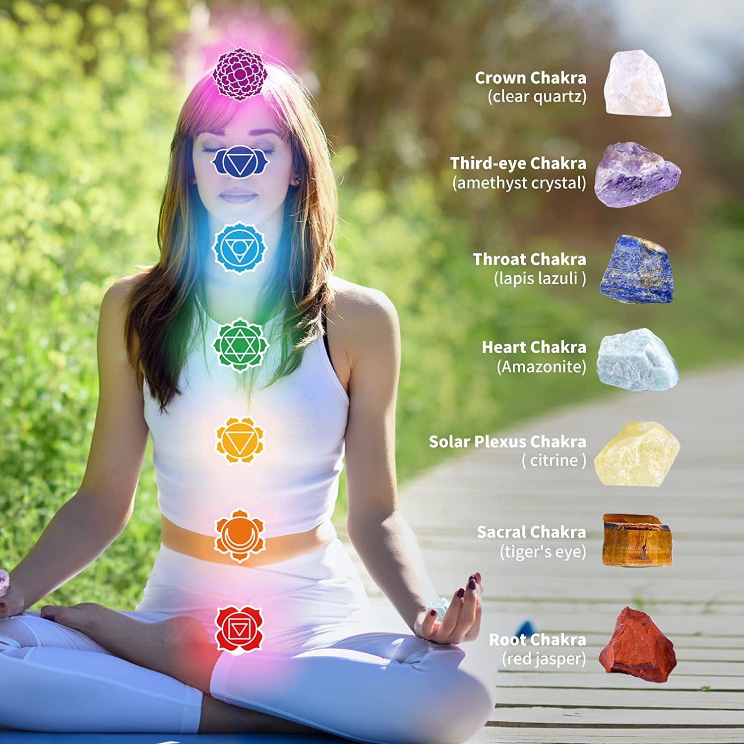 AOOVOO 26-Piece Healing Crystals and Stones Gift Set with 7 Raw Chakra Stones, 7 Tumbled Gemstones, Amethyst Necklace, Selenite Plate, Lava Bracelet, Clear Quartz, and Gift Box